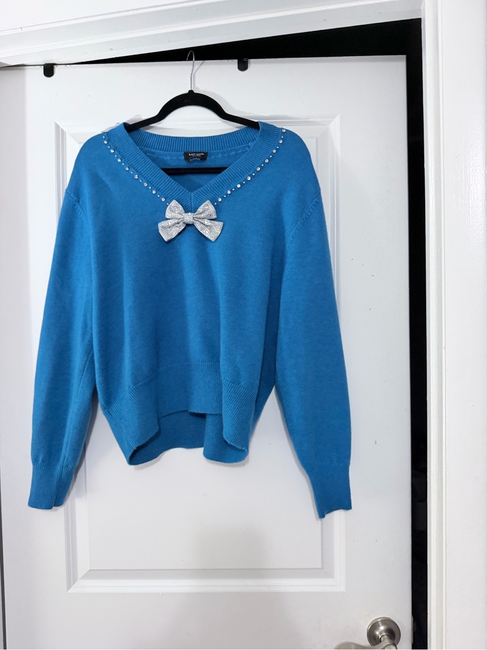 kate spade Bright Blue V-Neck Sweater with Silver Bow